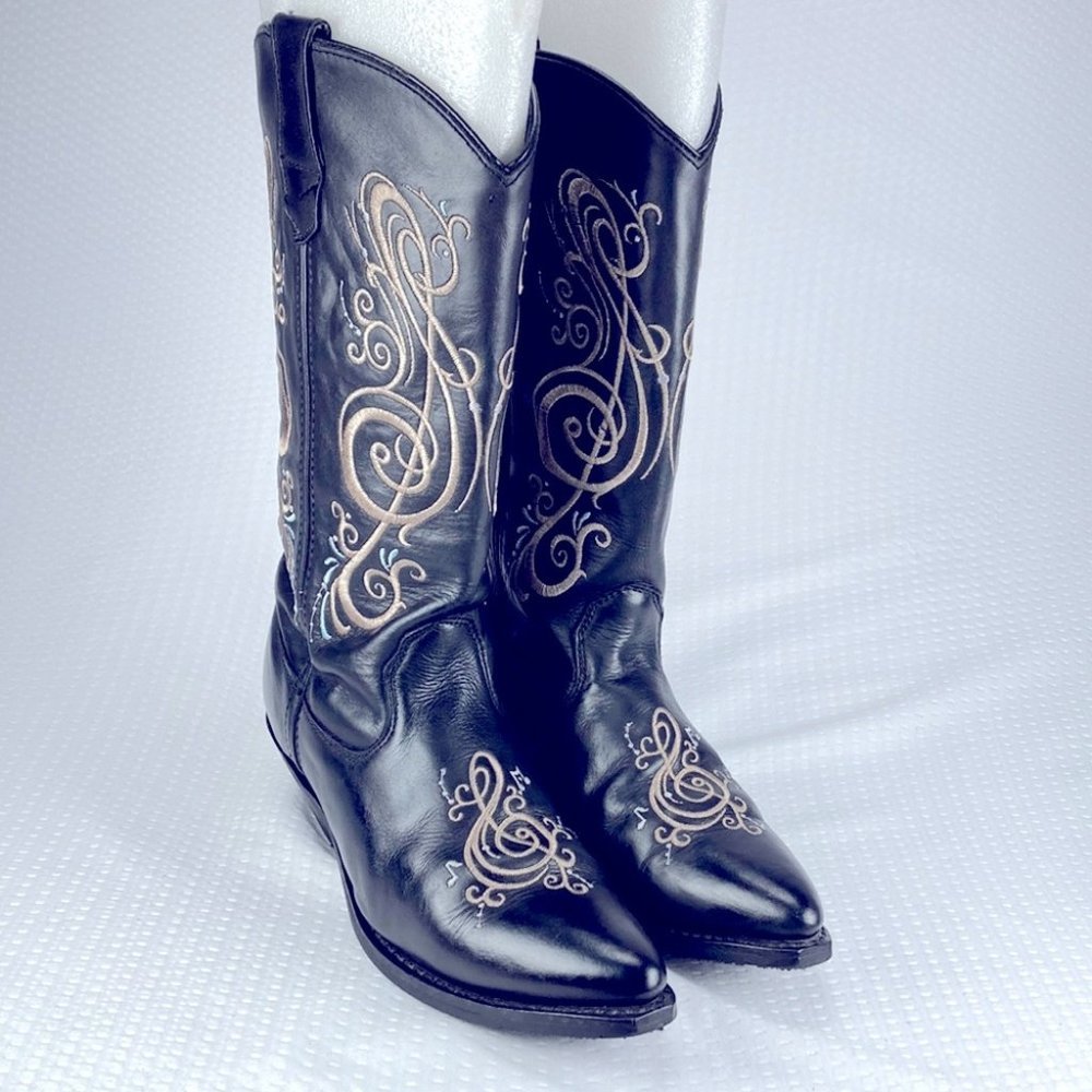 Black Leather Music Note Cowgirl Boots